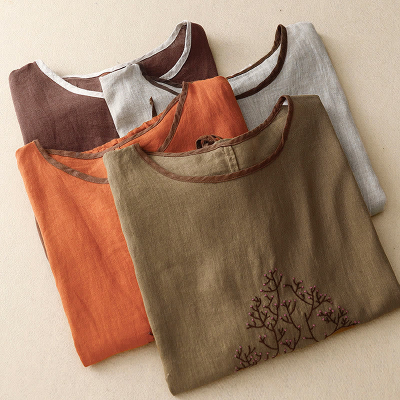Buddha Stones Casual Embroidery Tree Drawstring Women's Crew Neck Design Half Sleeve Cotton LinenT-Shirt - image 28