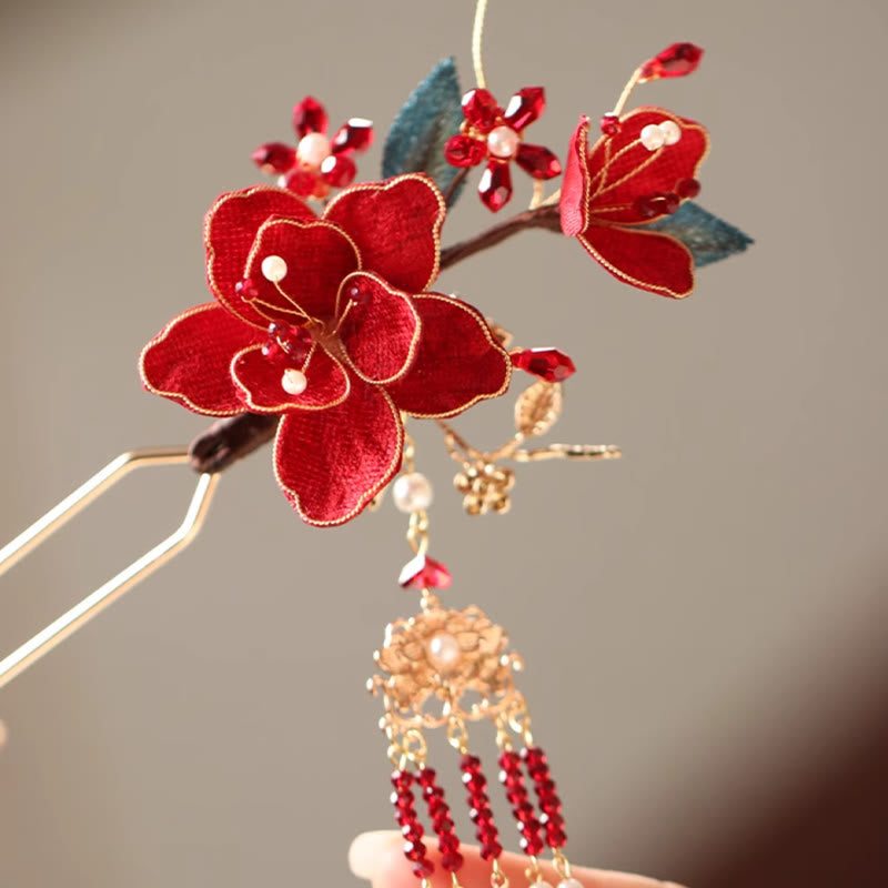 Buddha Stones Classical Chinese Style Red Flower Butterfly Tassel Hair Comb Hairpin - image 2