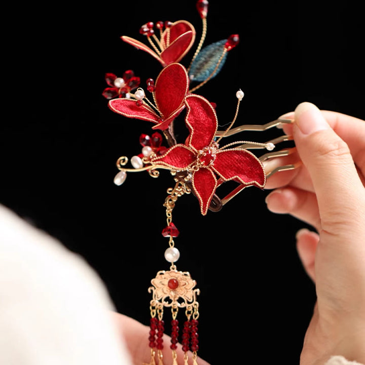 Buddha Stones Classical Chinese Style Red Flower Butterfly Tassel Hair Comb Hairpin - image 7