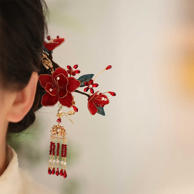 Buddha Stones Classical Chinese Style Red Flower Butterfly Tassel Hair Comb Hairpin - Red Flower Tassel Hairpin - image 0