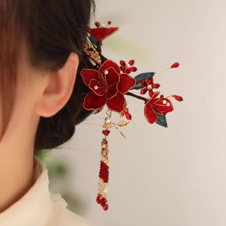 Buddha Stones Classical Chinese Style Red Flower Butterfly Tassel Hair Comb Hairpin - image 1