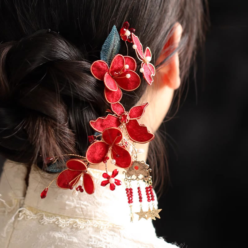 Buddha Stones Classical Chinese Style Red Flower Butterfly Tassel Hair Comb Hairpin - image 8