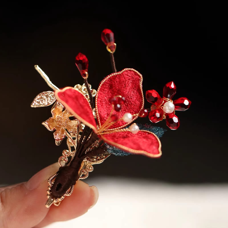 Buddha Stones Classical Chinese Style Red Flower Butterfly Tassel Hair Comb Hairpin - image 5