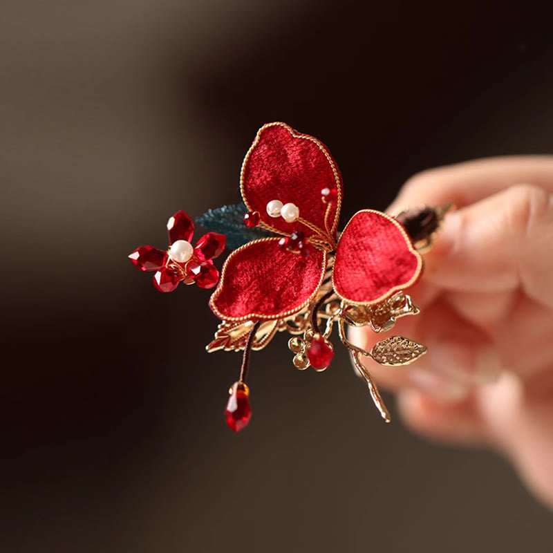Buddha Stones Classical Chinese Style Red Flower Butterfly Tassel Hair Comb Hairpin - Red Flower Hair Clip - image 4