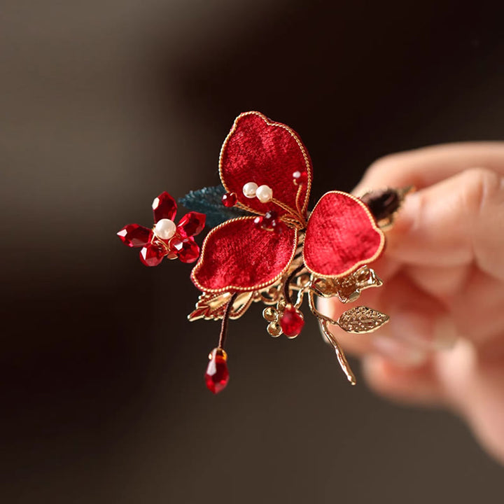 Buddha Stones Classical Chinese Style Red Flower Butterfly Tassel Hair Comb Hairpin - Red Flower Hair Clip - image 4