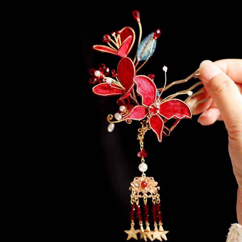 Buddha Stones Classical Chinese Style Red Flower Butterfly Tassel Hair Comb Hairpin - Red Flower Butterfly Tassel Hair Comb - image 6