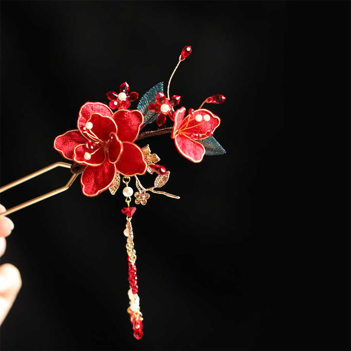 Buddha Stones Classical Chinese Style Red Flower Butterfly Tassel Hair Comb Hairpin - image 3
