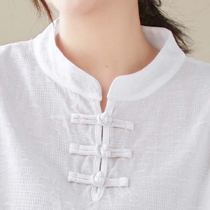 Buddha Stones Casual Jacquard Frog-Button Women's Crew Neck Design Three Quarter Sleeve Cotton Linen Shirt - image 5