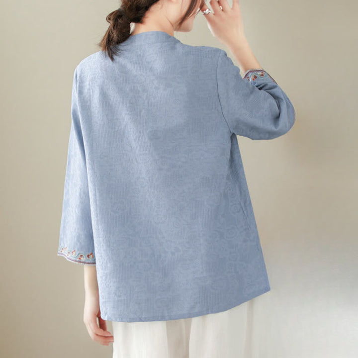 Buddha Stones Casual Jacquard Frog-Button Women's Crew Neck Design Three Quarter Sleeve Cotton Linen Shirt - image 18