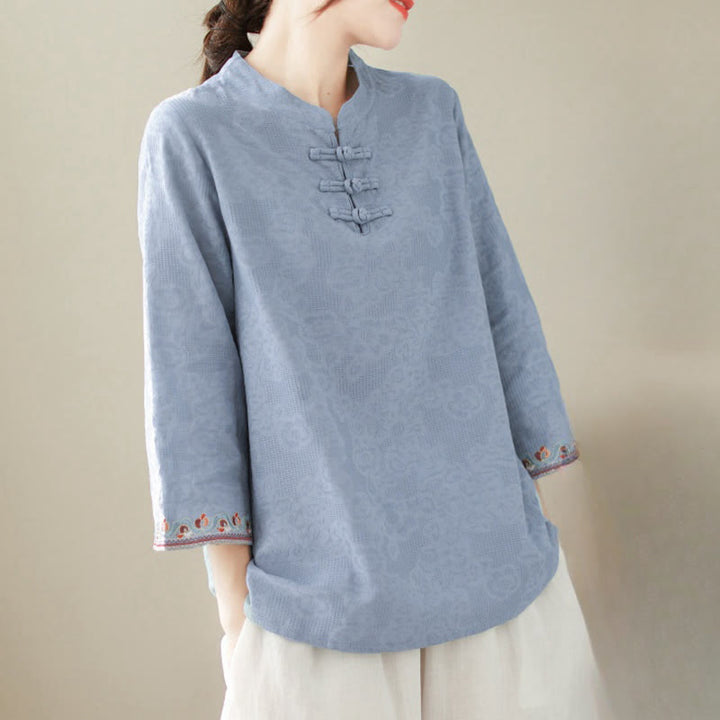 Buddha Stones Casual Jacquard Frog-Button Women's Crew Neck Design Three Quarter Sleeve Cotton Linen Shirt - image 17