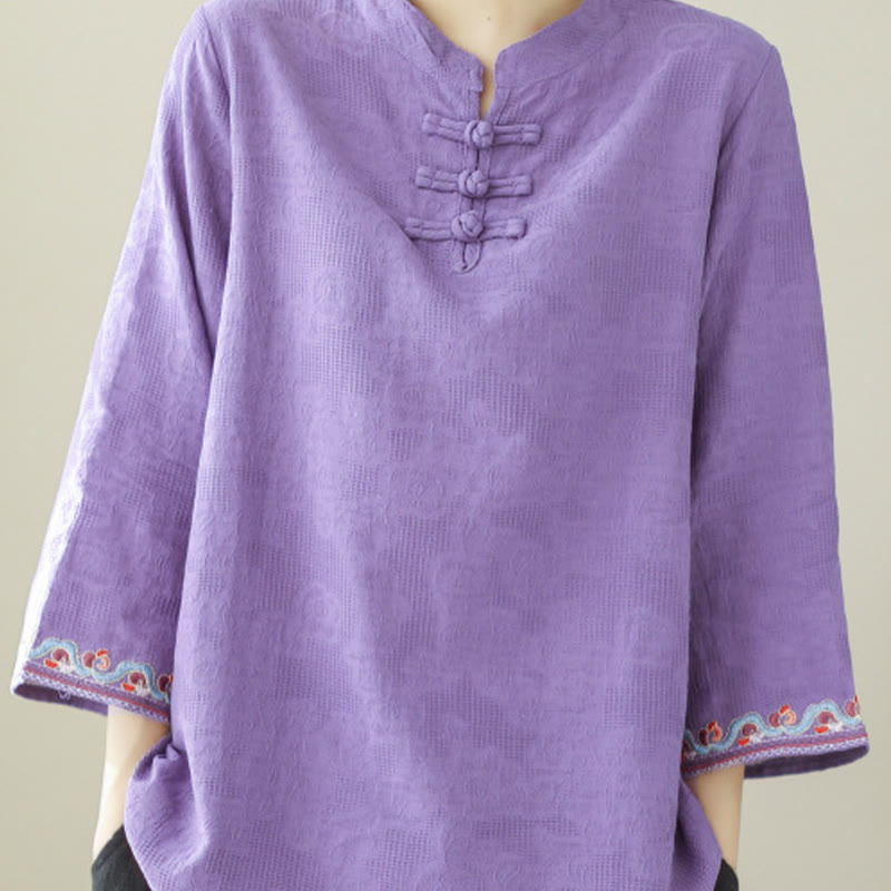 Buddha Stones Casual Jacquard Frog-Button Women's Crew Neck Design Three Quarter Sleeve Cotton Linen Shirt - image 26