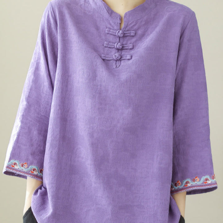 Buddha Stones Casual Jacquard Frog-Button Women's Crew Neck Design Three Quarter Sleeve Cotton Linen Shirt - image 26