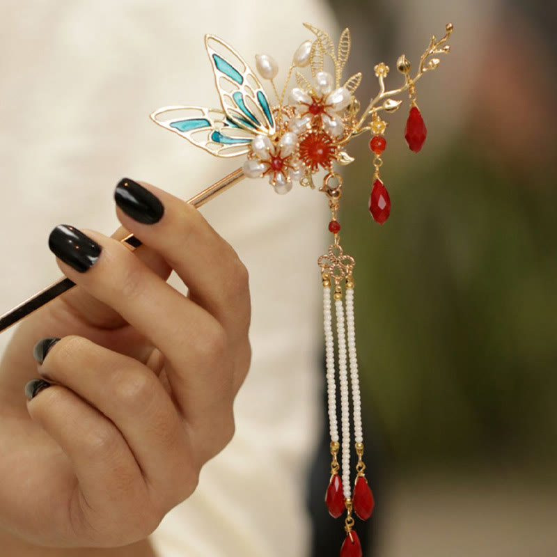 Buddha Stones Classical Chinese Style Flower Branche Butterfly Pearl Tassel Hair Clip Hairpin Hair Crown - image 11