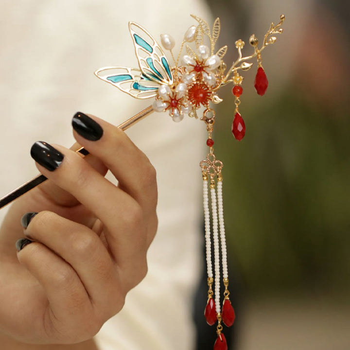 Buddha Stones Classical Chinese Style Flower Branche Butterfly Pearl Tassel Hair Clip Hairpin Hair Crown - image 11