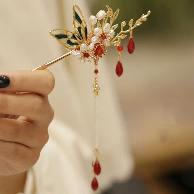 Buddha Stones Classical Chinese Style Flower Branche Butterfly Pearl Tassel Hair Clip Hairpin Hair Crown - image 1