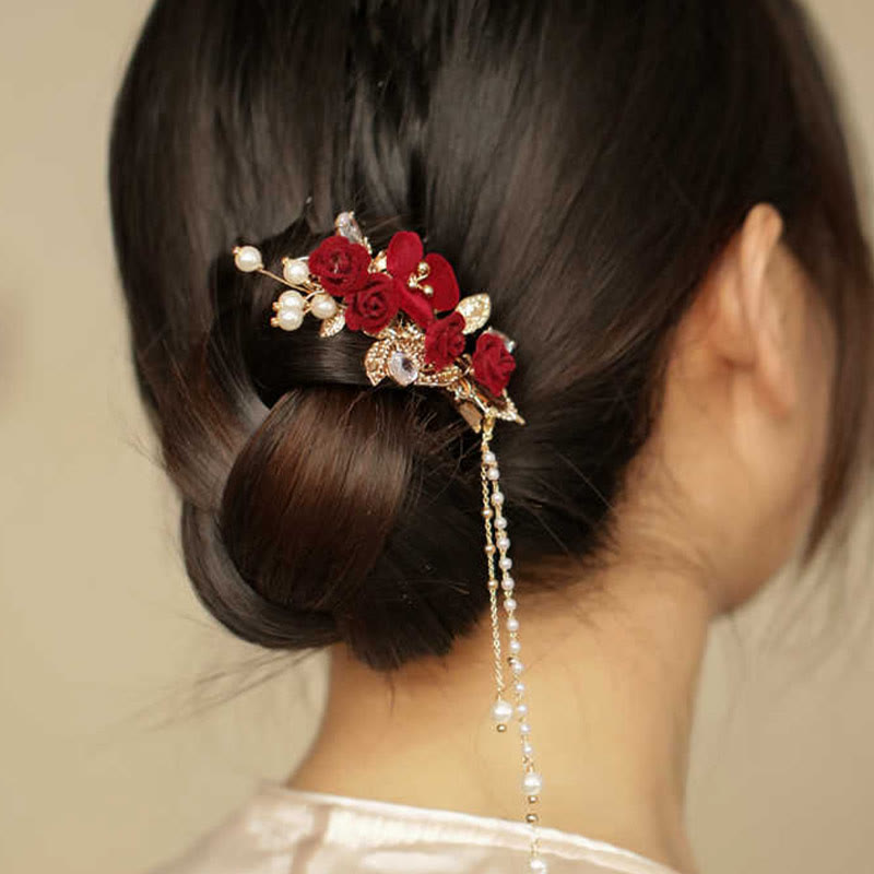 Buddha Stones Retro Chinese Style Red Camellia Flower Tassel Side Hair Clip - image 2