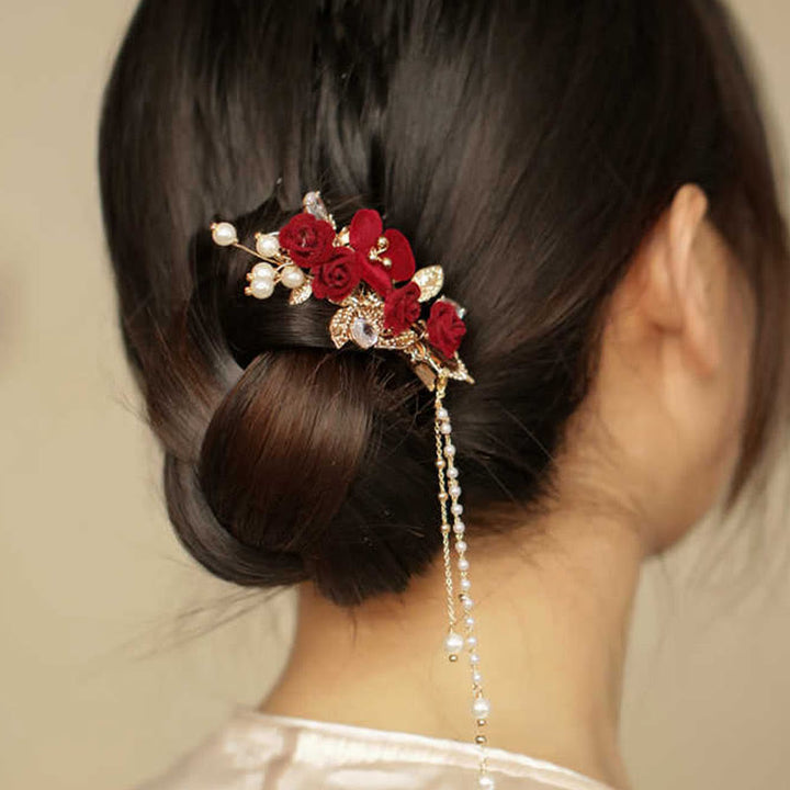 Buddha Stones Retro Chinese Style Red Camellia Flower Tassel Side Hair Clip - image 2