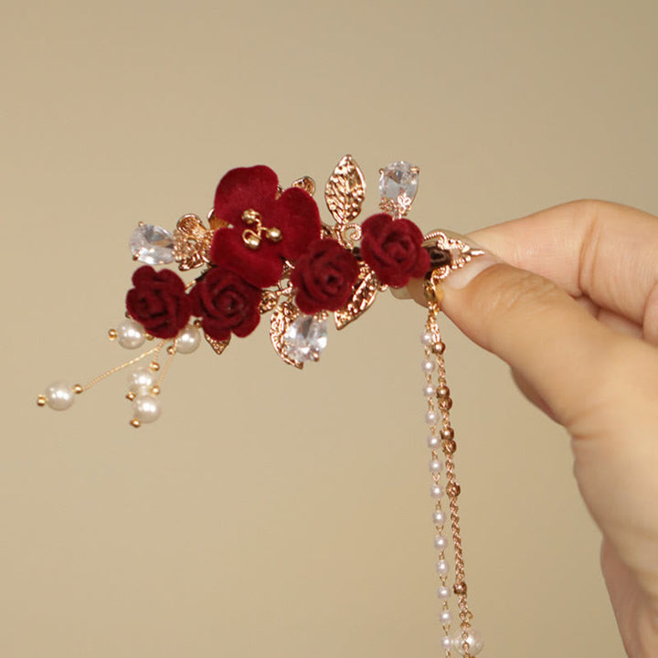 Buddha Stones Retro Chinese Style Red Camellia Flower Tassel Side Hair Clip - image 7