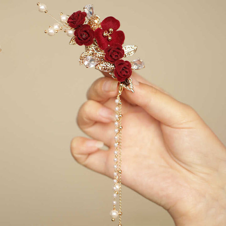 Buddha Stones Retro Chinese Style Red Camellia Flower Tassel Side Hair Clip - image 6