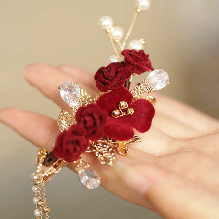 Buddha Stones Retro Chinese Style Red Camellia Flower Tassel Side Hair Clip - image 8