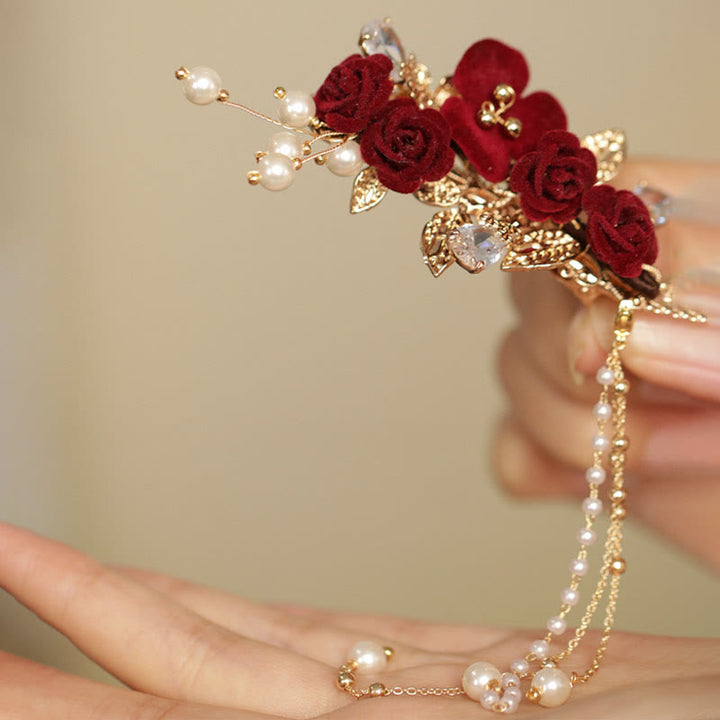 Buddha Stones Retro Chinese Style Red Camellia Flower Tassel Side Hair Clip - image 5