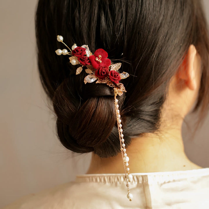 Buddha Stones Retro Chinese Style Red Camellia Flower Tassel Side Hair Clip - image 4