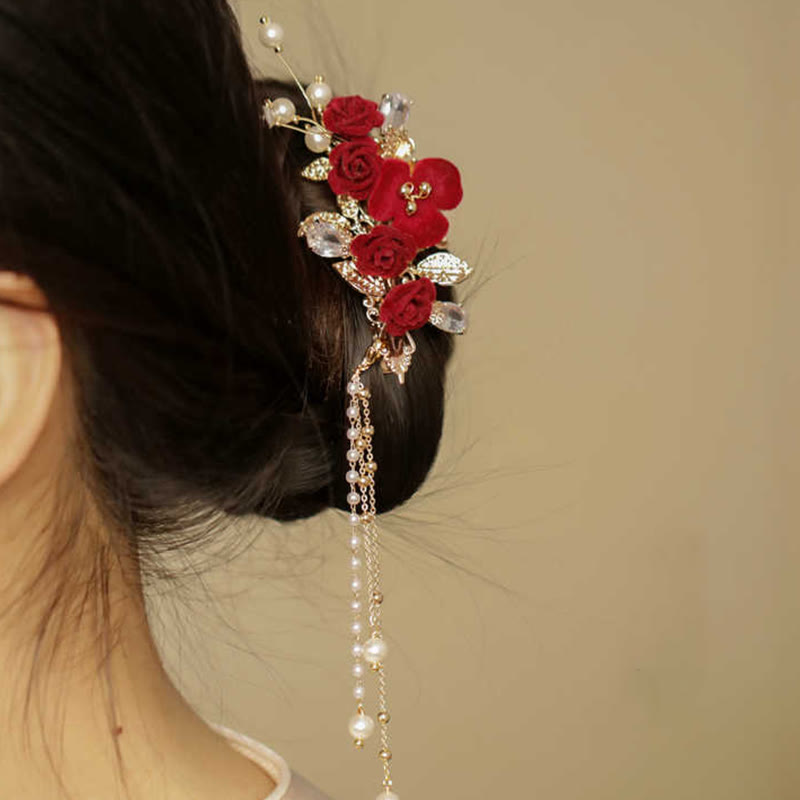 Buddha Stones Retro Chinese Style Red Camellia Flower Tassel Side Hair Clip - image 1
