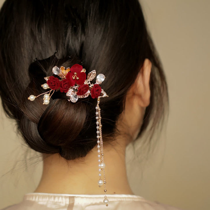 Buddha Stones Retro Chinese Style Red Camellia Flower Tassel Side Hair Clip - image 3