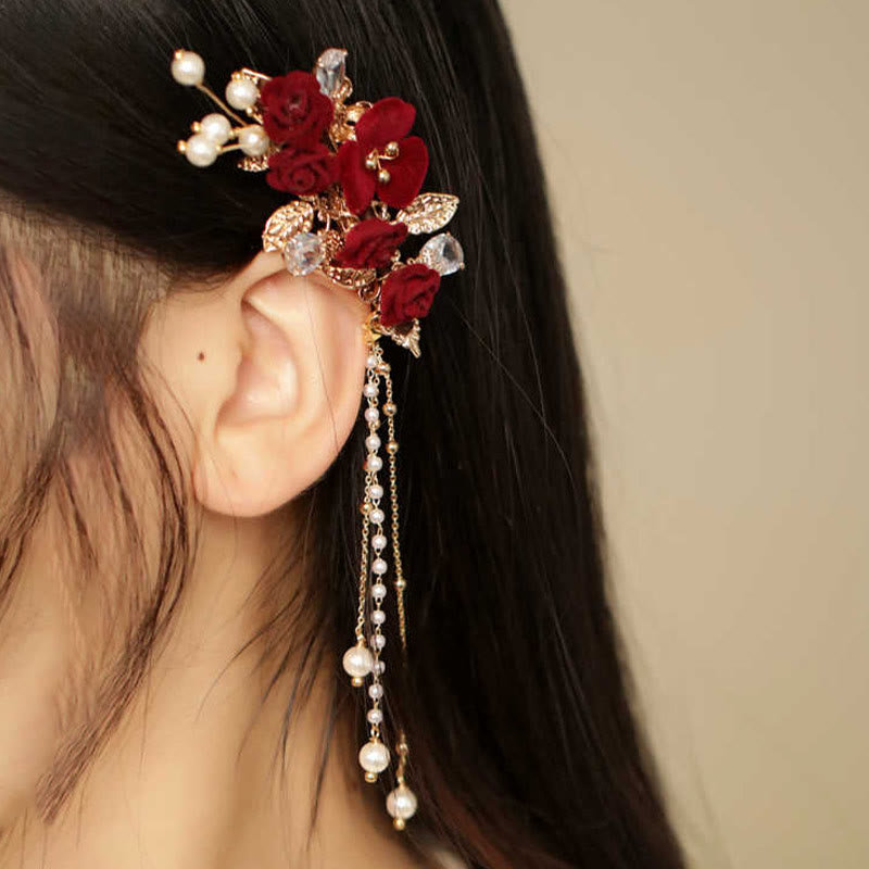 Buddha Stones Retro Chinese Style Red Camellia Flower Tassel Side Hair Clip - Red Camellia Tassel Hair Clip - image 0
