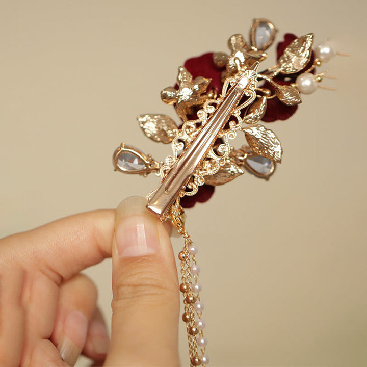 Buddha Stones Retro Chinese Style Red Camellia Flower Tassel Side Hair Clip - image 9