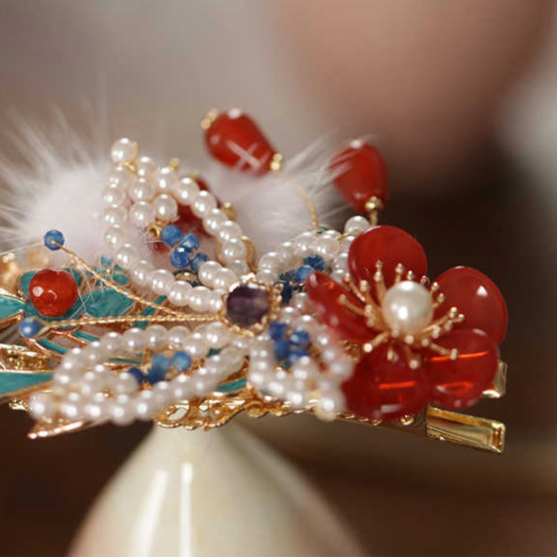Buddha Stones Classical Chinese Style Red Flower Butterfly Pearl Hair Clip - image 5