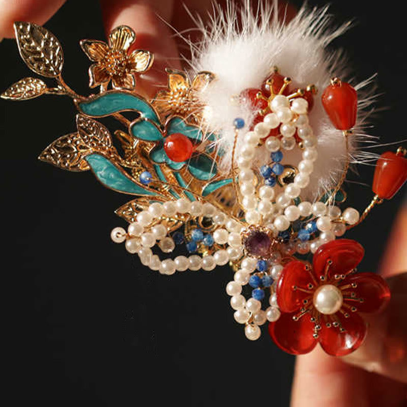 Buddha Stones Classical Chinese Style Red Flower Butterfly Pearl Hair Clip - image 4