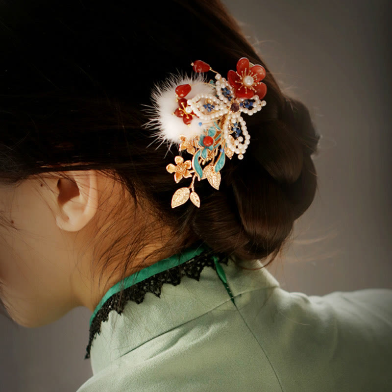 Buddha Stones Classical Chinese Style Red Flower Butterfly Pearl Hair Clip - image 2
