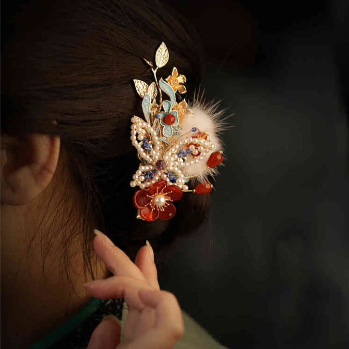 Buddha Stones Classical Chinese Style Red Flower Butterfly Pearl Hair Clip - image 3