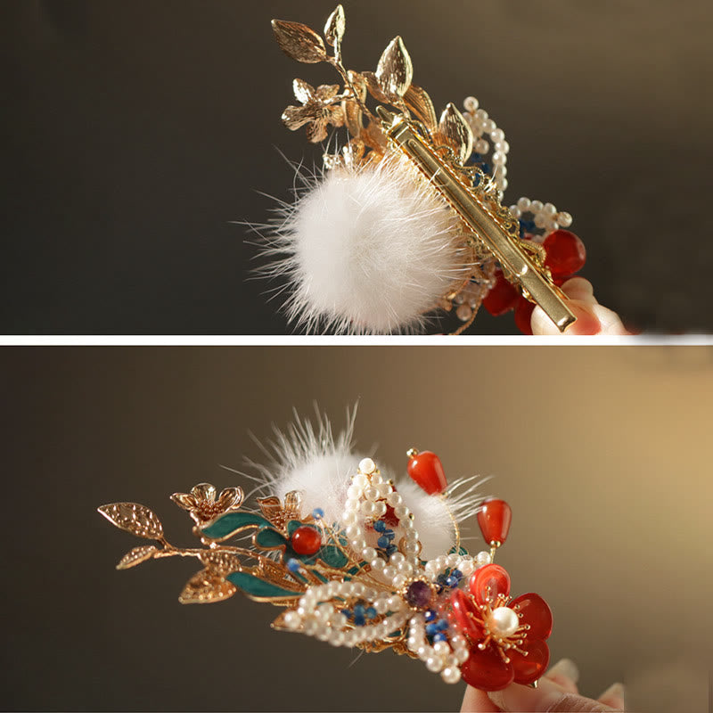 Buddha Stones Classical Chinese Style Red Flower Butterfly Pearl Hair Clip - image 11
