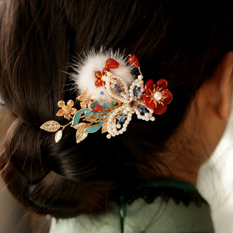 Buddha Stones Classical Chinese Style Red Flower Butterfly Pearl Hair Clip - image 1