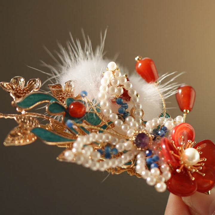 Buddha Stones Classical Chinese Style Red Flower Butterfly Pearl Hair Clip - image 7