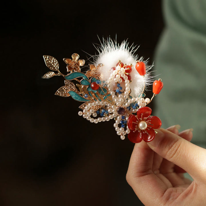 Buddha Stones Classical Chinese Style Red Flower Butterfly Pearl Hair Clip - image 10