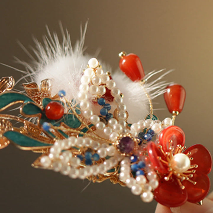 Buddha Stones Classical Chinese Style Red Flower Butterfly Pearl Hair Clip - image 6