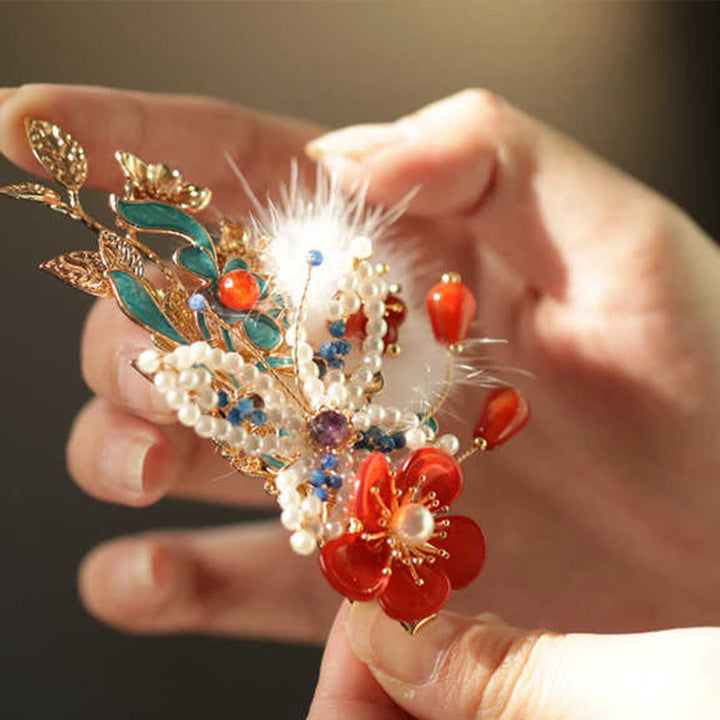Buddha Stones Classical Chinese Style Red Flower Butterfly Pearl Hair Clip - image 8
