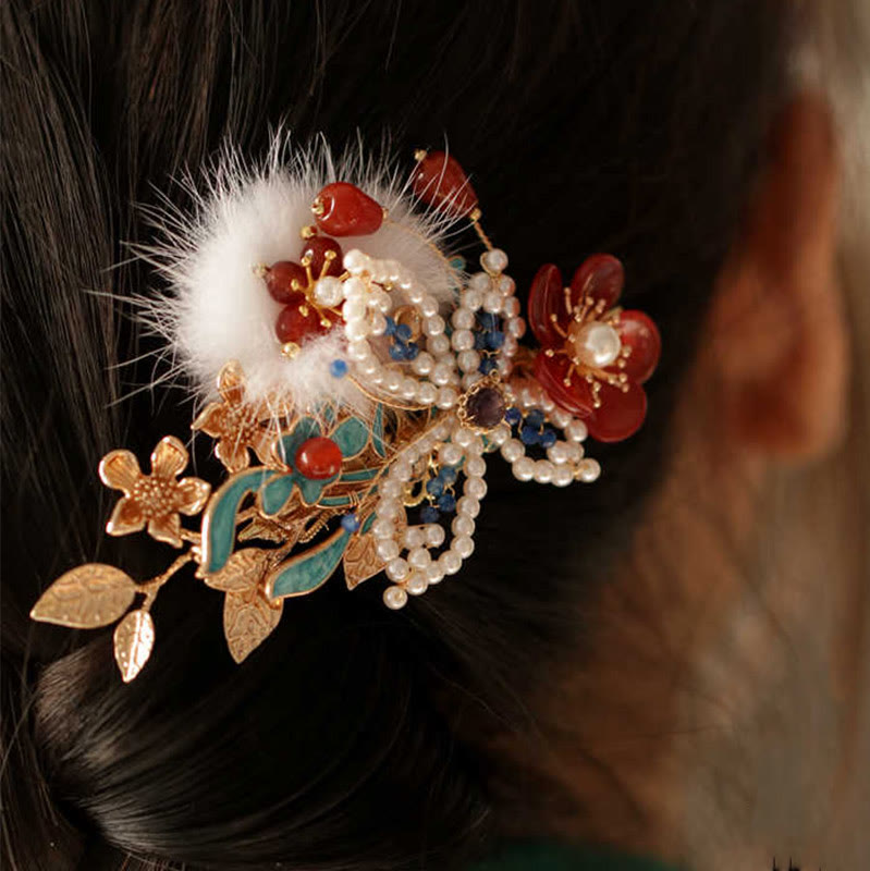 Buddha Stones Classical Chinese Style Red Flower Butterfly Pearl Hair Clip - Butterfly Pearl Hair Clip - image 0