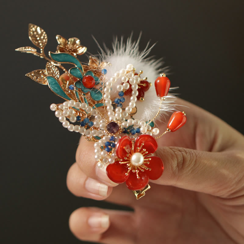 Buddha Stones Classical Chinese Style Red Flower Butterfly Pearl Hair Clip - image 9