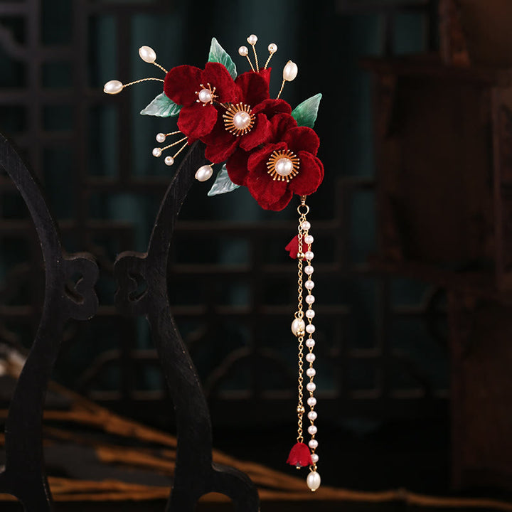 Buddha Stones Antiquity Red Flowers Pearl Tassel Hair Clip Set - image 3