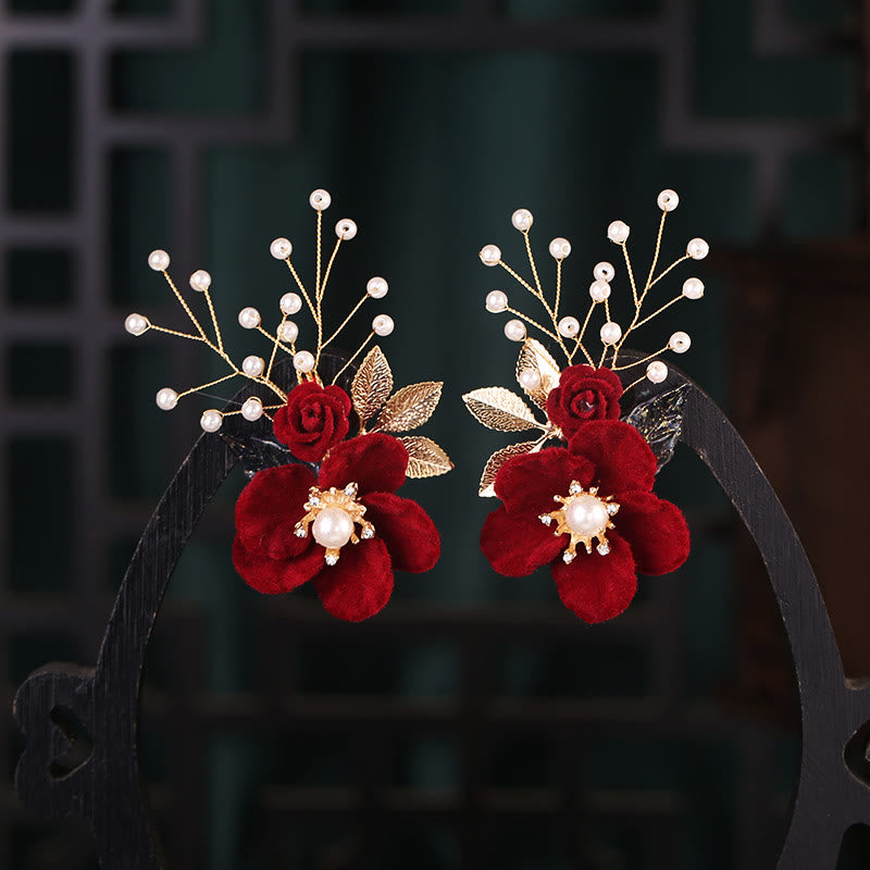 Buddha Stones Antiquity Red Flowers Pearl Tassel Hair Clip Set - image 2