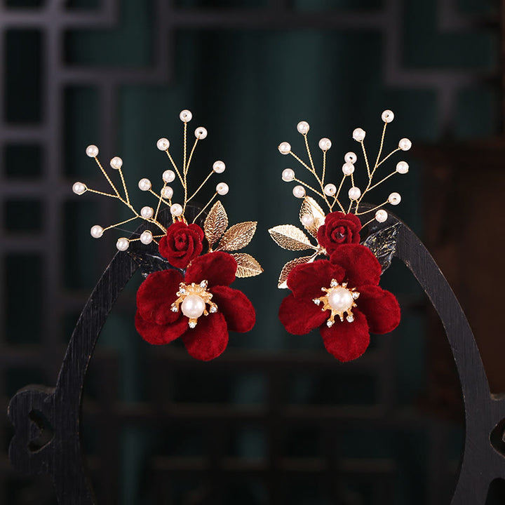 Buddha Stones Antiquity Red Flowers Pearl Tassel Hair Clip Set - image 2
