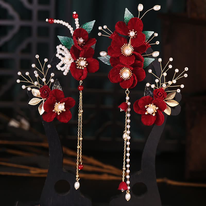 Buddha Stones Antiquity Red Flowers Pearl Tassel Hair Clip Set - Hair Clip Set - image 0