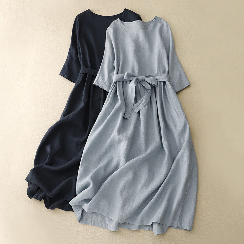 Buddha Stones Casual Plain Crew Neck Lace-up Half Sleeve Cotton Linen Midi Dress With Pockets - MidnightBlue - US8-10，UK/AU12-14，EU40-42 (2XL) - image 0