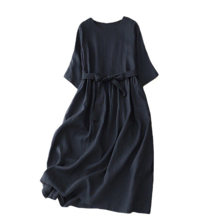 Buddha Stones Casual Plain Crew Neck Lace-up Half Sleeve Cotton Linen Midi Dress With Pockets - image 2