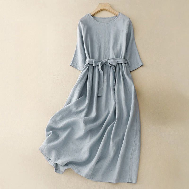 Buddha Stones Casual Plain Crew Neck Lace-up Half Sleeve Cotton Linen Midi Dress With Pockets - SkyBlue - US8-10，UK/AU12-14，EU40-42 (2XL) - image 7