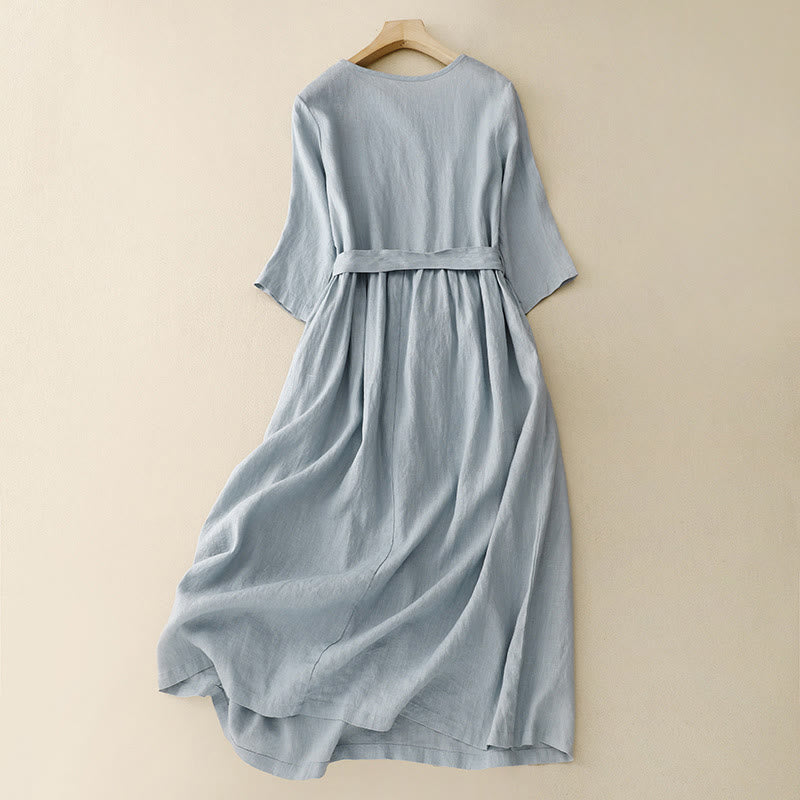 Buddha Stones Casual Plain Crew Neck Lace-up Half Sleeve Cotton Linen Midi Dress With Pockets - image 8